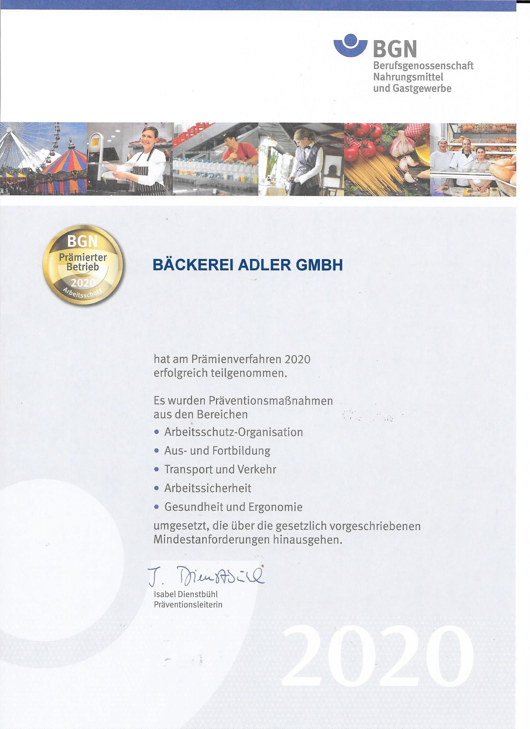 Teilnahmeurkunde der Bäckerei Adler am Prämienverfahren 2020