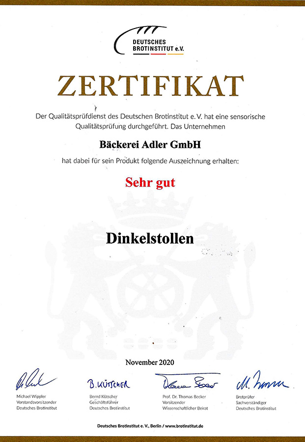 Qualitätszertifikat Dinkelstollen 2020