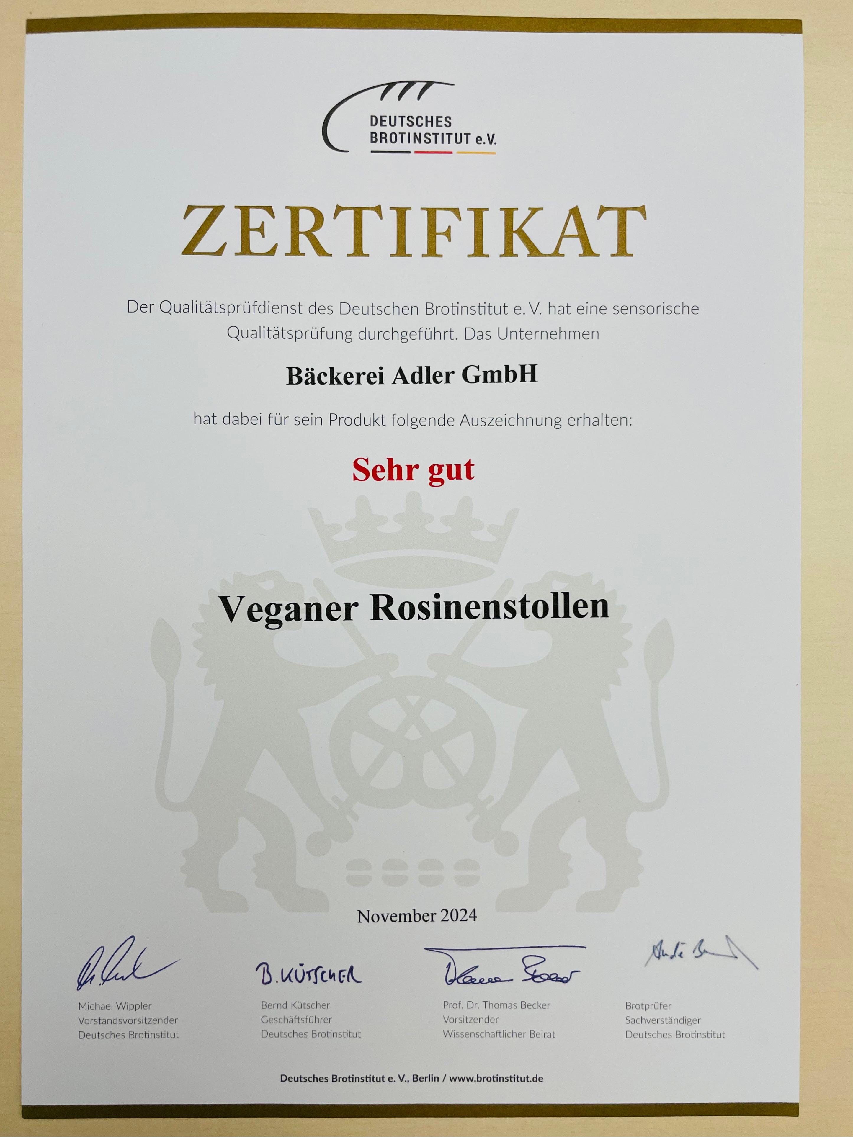 qualitätszertifikat veganer Rosinenstollen 2024