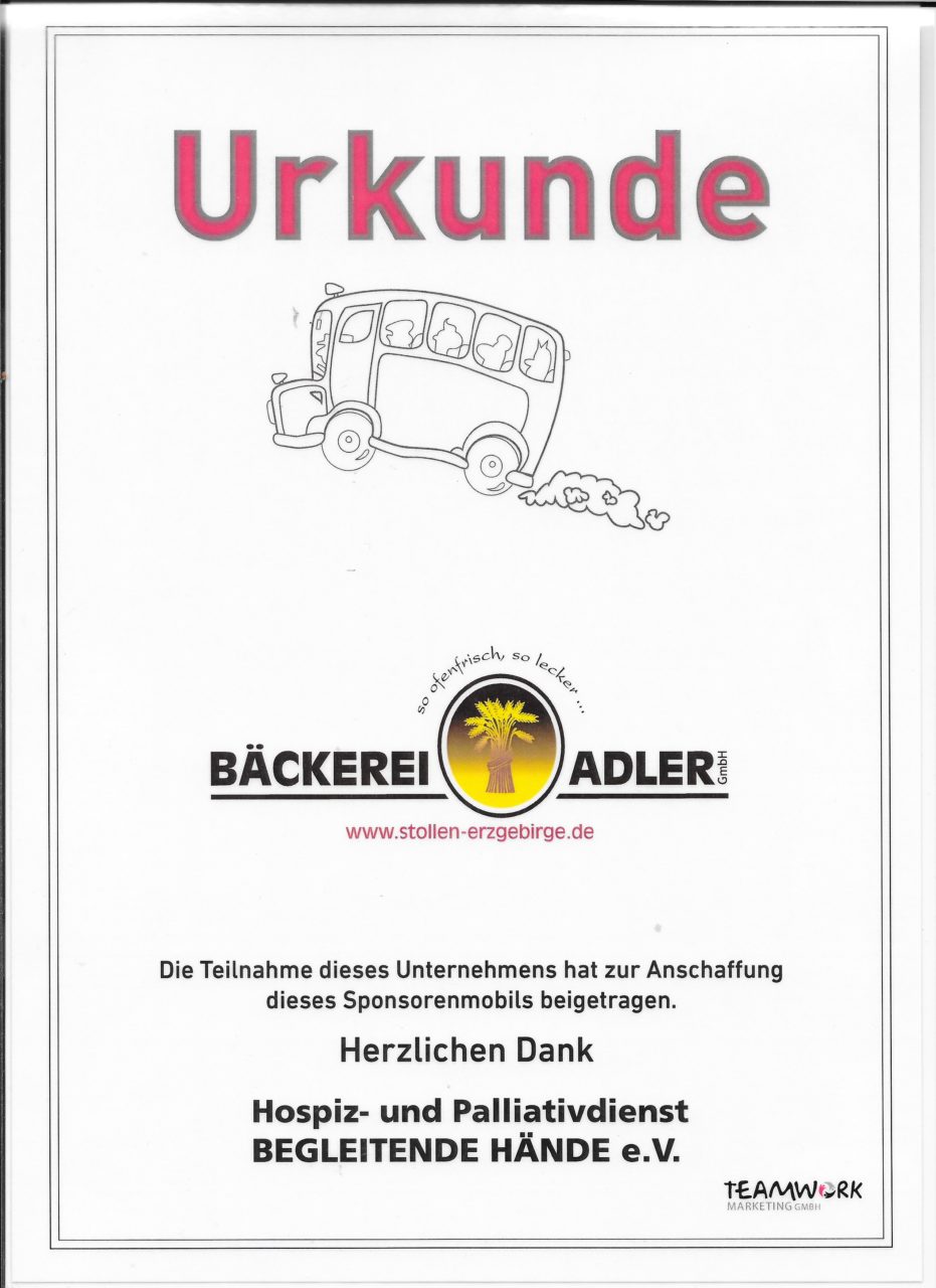 Teilnahmeurkunde der Bäckerei Adler mit Hospiz- und Palliativdienst - Begleitende Hände e. V.