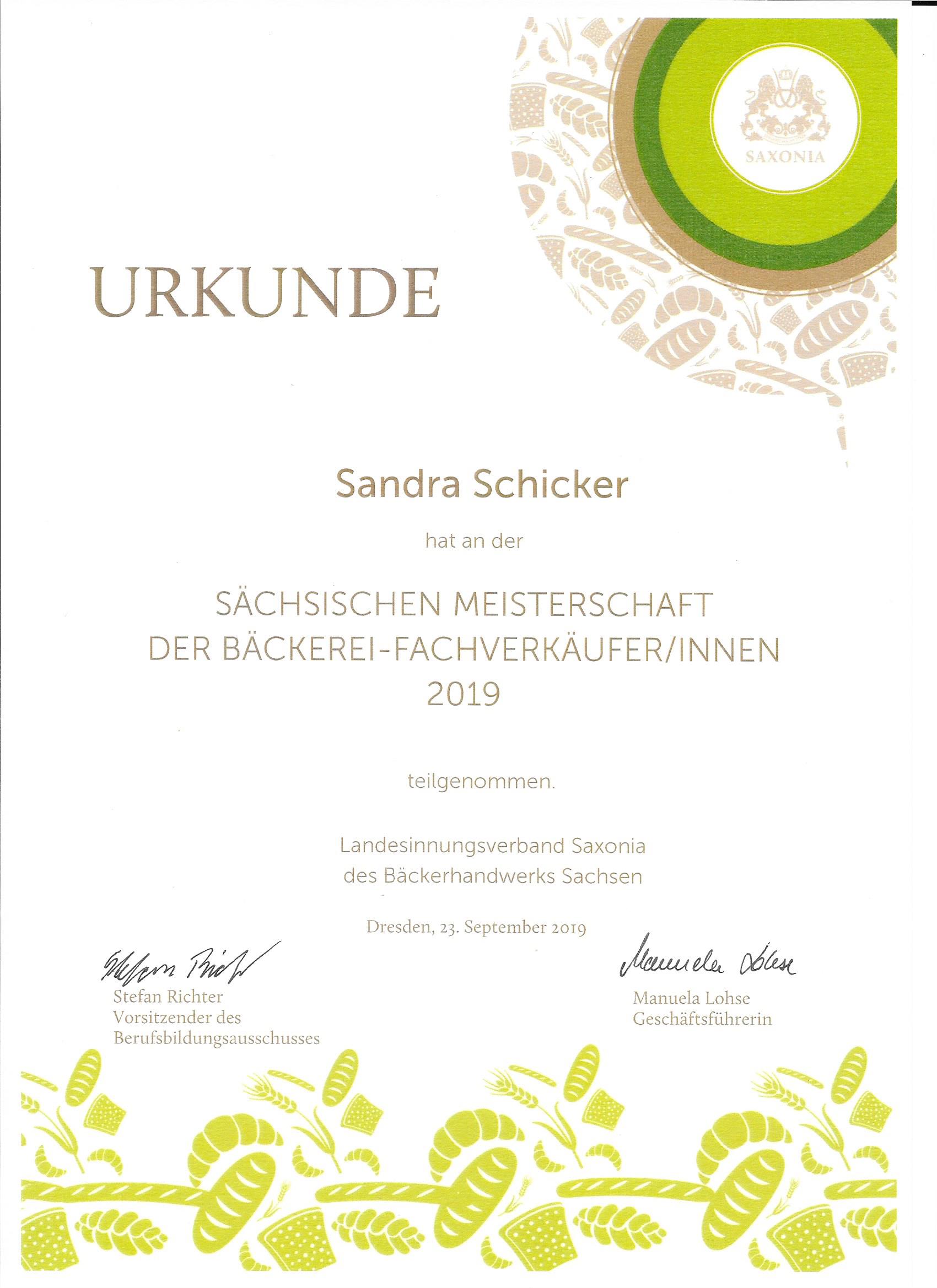 Teilnahmeurkunde von Sandra Schicker an der sächsichen Meisterschaft der Bäckerei-Fachverkäuferinnen 2019